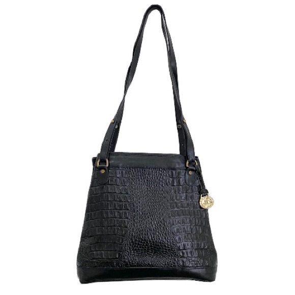 Vintage BRAHMIN Black Embossed Croc Leather Double Strap Bucket Shoulder Bag - Picture 8 of 16